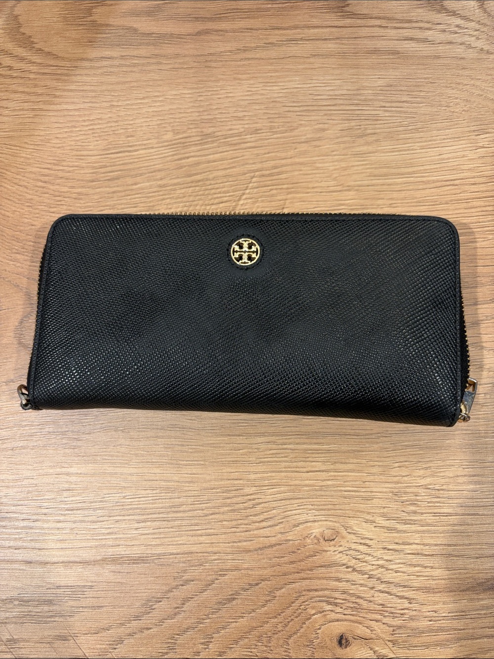 Tory Burch Black Saffiano Zip Wallet with Gold Logo